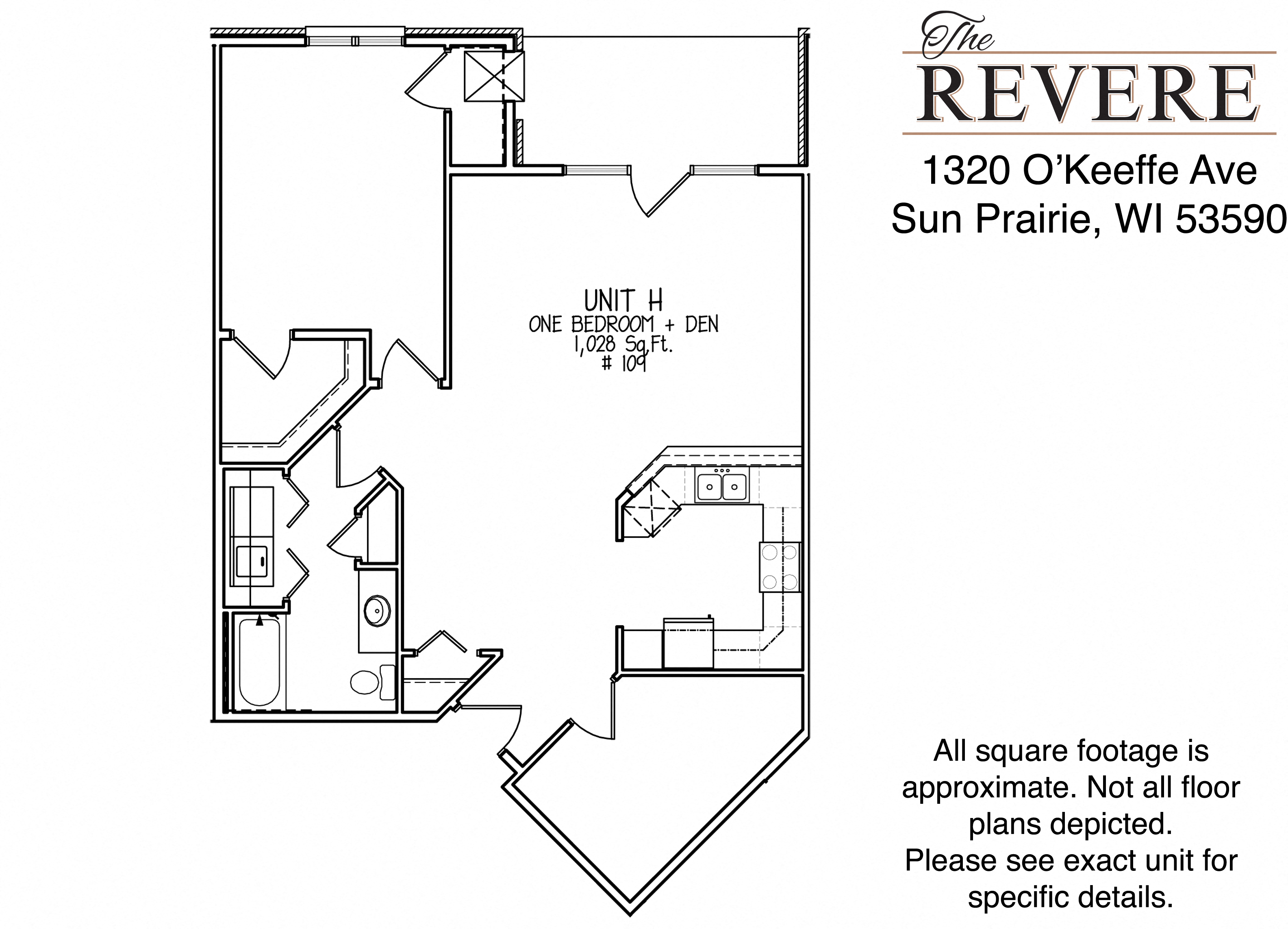 Floor plan for 1 bed, 1 bath, 1028 sqft